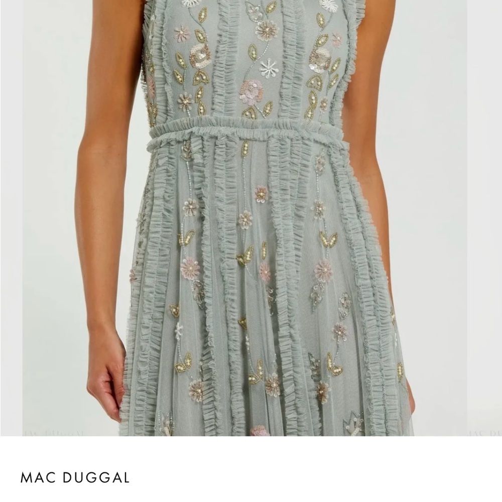 Mac Duggal Green Floral Mesh Sleeveless A Line Micro Ruffle Gown
